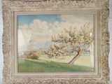 a painting of a tree in a field with mountains in the background