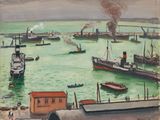 painting of boats in a harbor with smoke coming out of the sky