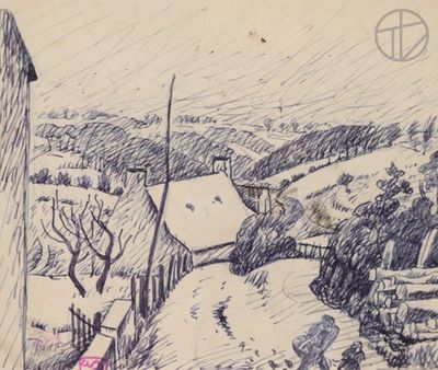 sketches of a drawing of a rural scene with a house in the distance