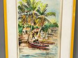 painting of a man in a boat on the water with palm trees