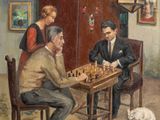 a painting of a man playing chess with two women and a cat