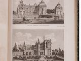 an open book with two pictures of a building and a horse drawn carriage