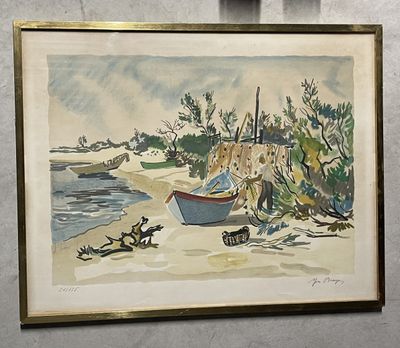 une image d'un tableau représentant un bateau sur la plage