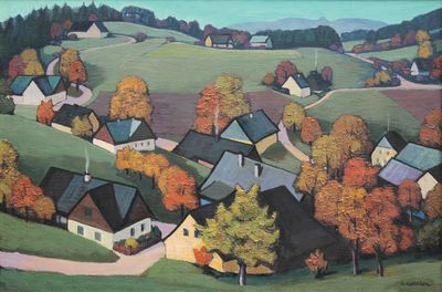 tableau représentant un village en automne, avec des arbres au premier plan et des collines à l'arrière-plan