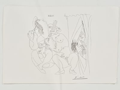 dessin représentant trois personnes assises sur un canapé dans un salon