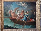 peinture d'un groupe de personnes dans un bateau sur un plan d'eau