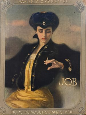 tableau représentant une femme portant un chapeau bleu et une robe jaune, une cigarette à la main