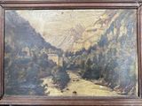 un vieux tableau représentant un paysage de montagne avec une rivière au premier plan