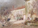 painting of a horse drawn carriage in front of a building