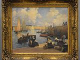 painting of a group of people sitting on a beach next to a body of water