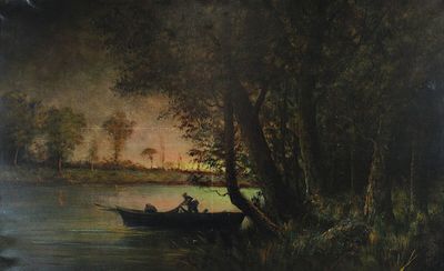 une peinture représentant un bateau sur l'eau avec des personnes à bord