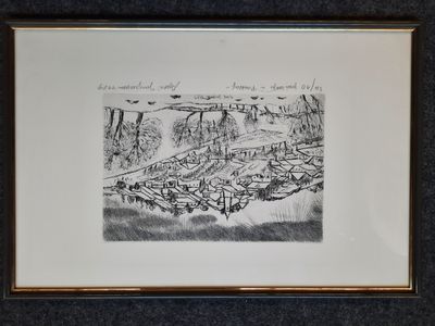 dessin représentant un paysage avec une rivière et des montagnes en arrière-plan