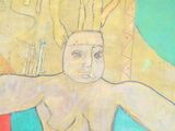 un tableau représentant un homme assis sur une chaise devant un mur