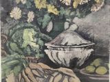 an image of a painting of a vase of flowers and fruit