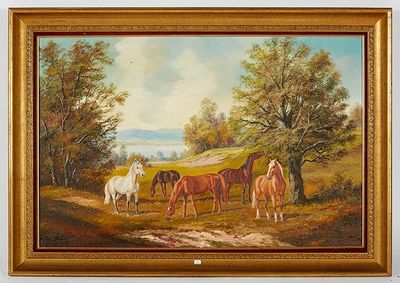 tableau représentant des chevaux paissant dans un pré, avec une rivière en arrière-plan