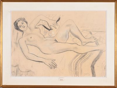 drawing of a nude woman laying on a bed with a man in the background