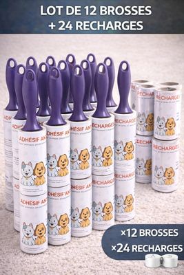 Lot de 12 brosses plus 24 recharges poils animaux