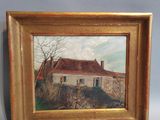an oil painting of a house with a red roof in a gold frame