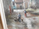 a painting of a man and a woman walking with a herd of sheep