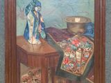 tableau représentant une table sur laquelle sont posés un vase et une nappe