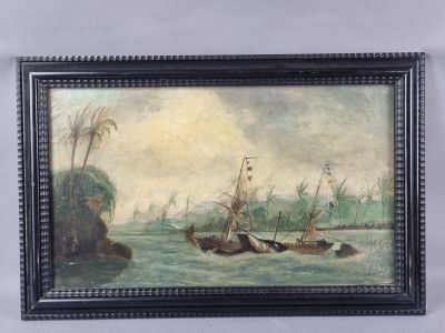 an oil painting of boats in a body of water with a lighthouse in the background