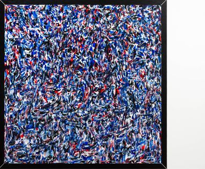 an abstract painting of blue, red and white paint on a black frame