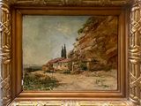 an image of a painting of a house in a mountainous landscape
