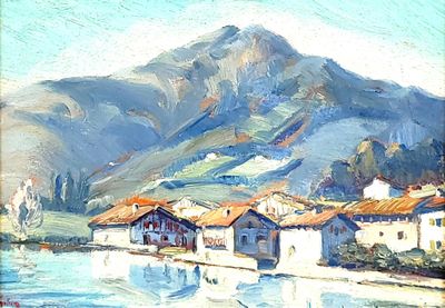 painting of a village by the water with a mountain in the background