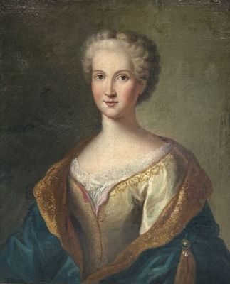 a painting of a woman in a blue dress with a gold shawl