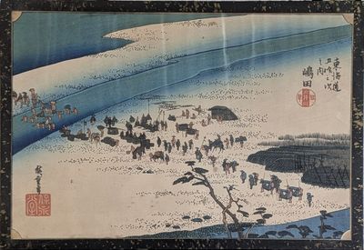 a picture of a painting of people walking on the beach