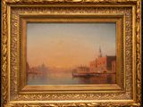 une image représentant un tableau d'une ville avec un bateau sur l'eau
