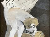 un tableau représentant un ours en peluche et un homme sur un skateboard