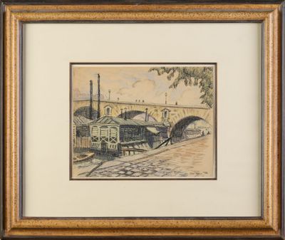 painting of a train passing under a bridge with a building in the background