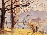 a painting of a man walking down a path by the water