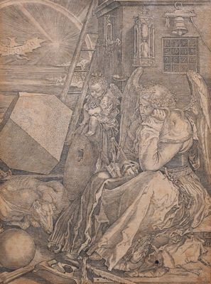 an old drawing of a woman sitting on a bed next to a dog