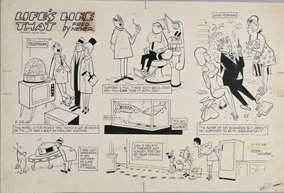 an old comic strip with a cartoon of a man in a suit and a woman in a dress