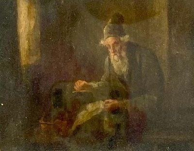 tableau représentant un vieil homme assis sur une chaise en train de lire un livre