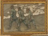 une image représentant un tableau où l'on voit trois hommes marchant sur une plage