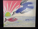un tableau représentant un oiseau et un poisson dans l'eau
