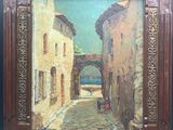 une image représentant une peinture d'une scène de rue où l'on voit une personne marcher dans la rue