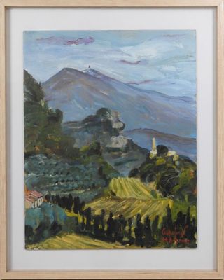 une peinture à l'huile d'un paysage avec une montagne en arrière-plan