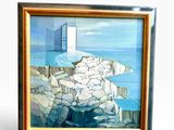 tableau à l'huile encadré représentant un phare sur une côte rocheuse, avec une fenêtre
