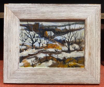 une peinture à l'huile représentant un paysage enneigé, dans un cadre blanc