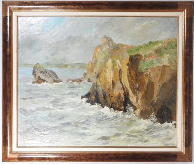 une peinture à l'huile représentant une côte rocheuse devant laquelle déferlent les vagues