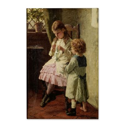 un tableau représentant deux petites filles et un petit garçon assis sur un banc