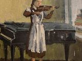 un tableau représentant une jeune fille jouant du violon devant un piano