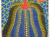 a painting of a blue pumpkin with yellow dots on it