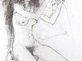 drawing of a woman sitting on a chair holding a piece of paper