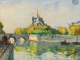 l'image d'une peinture représentant une rivière avec un pont en arrière-plan
