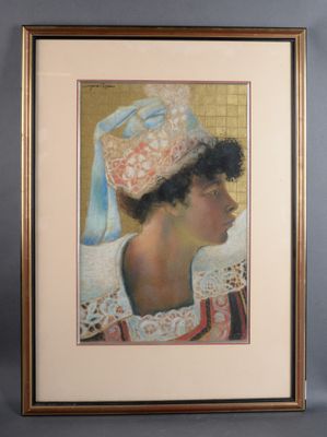 painting of a woman wearing a hat with a blue ribbon
